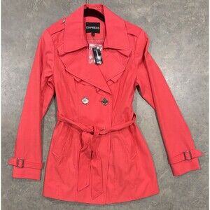 NWT Express Short Trench Coat Womens XS Pink Red Belted Jacket